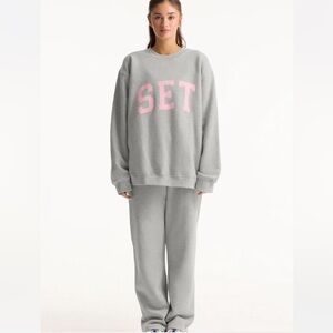 SET Active Gray Sweatshirt and Pants, Mid Weight Set with Pink Lettering, NEW